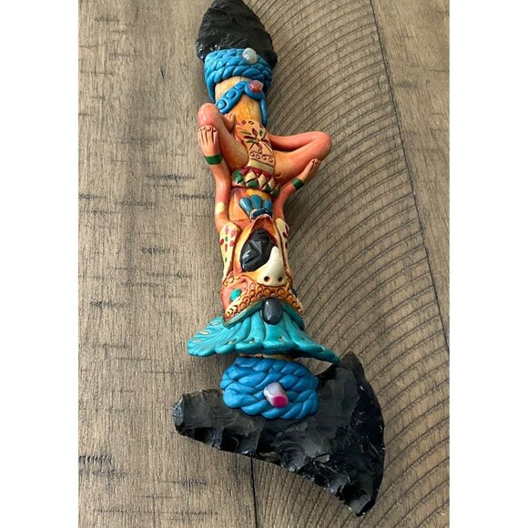 Vintage Mexican  Aztec Warrior Deity Obsidian Sacrifical Axe & Knife Gem Stones - Picture 2 of 9